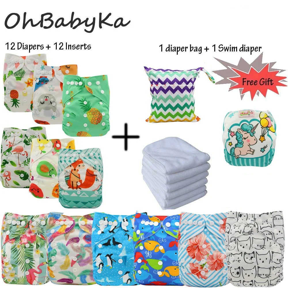 Ohbabyka, детские подгузники, подгузники, 12 шт., подгузники+ 12 шт., вкладыши+ 1 подгузник для плавания+ 1 сумка для подгузников