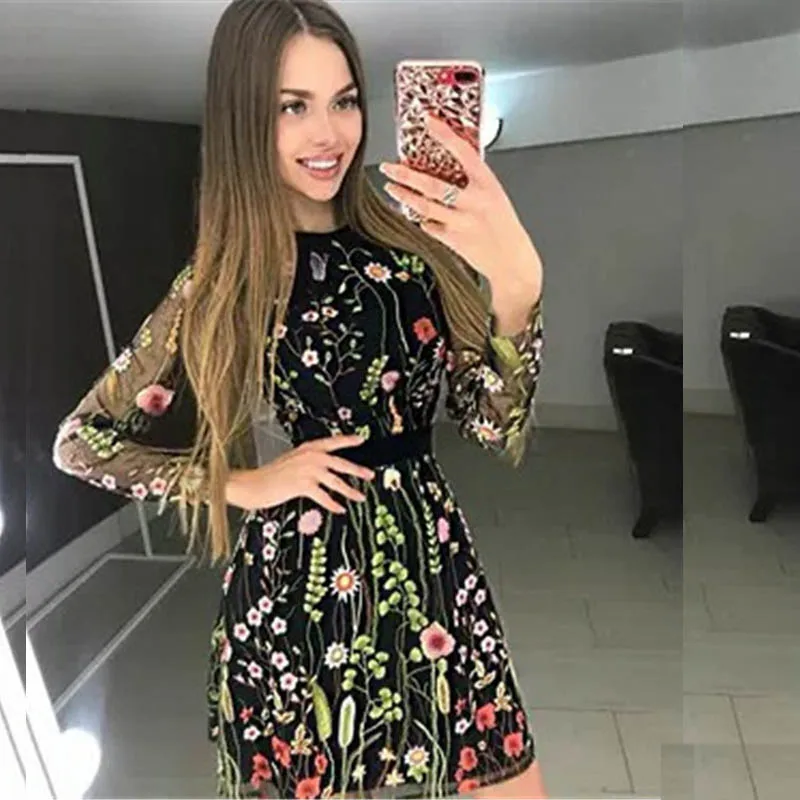 ELSVIOS сексуальное женское платье из прозрачной сетки с цветочной вышивкой 2019
