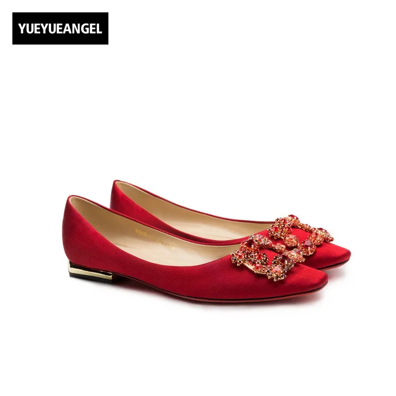 

Elegant Ladies Crystal Red Dress Shoes Luxury Silk Flats Driving Shoes Wedding Party Square Toes OL Work Loafers Zapatos Mujer