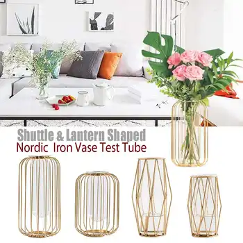 

Nordic Style Wrought Iron Holder Vase Clear Glass Test Tube Hydroponic Container Flower Vase Flowerpot Glass Bottle Home Decor