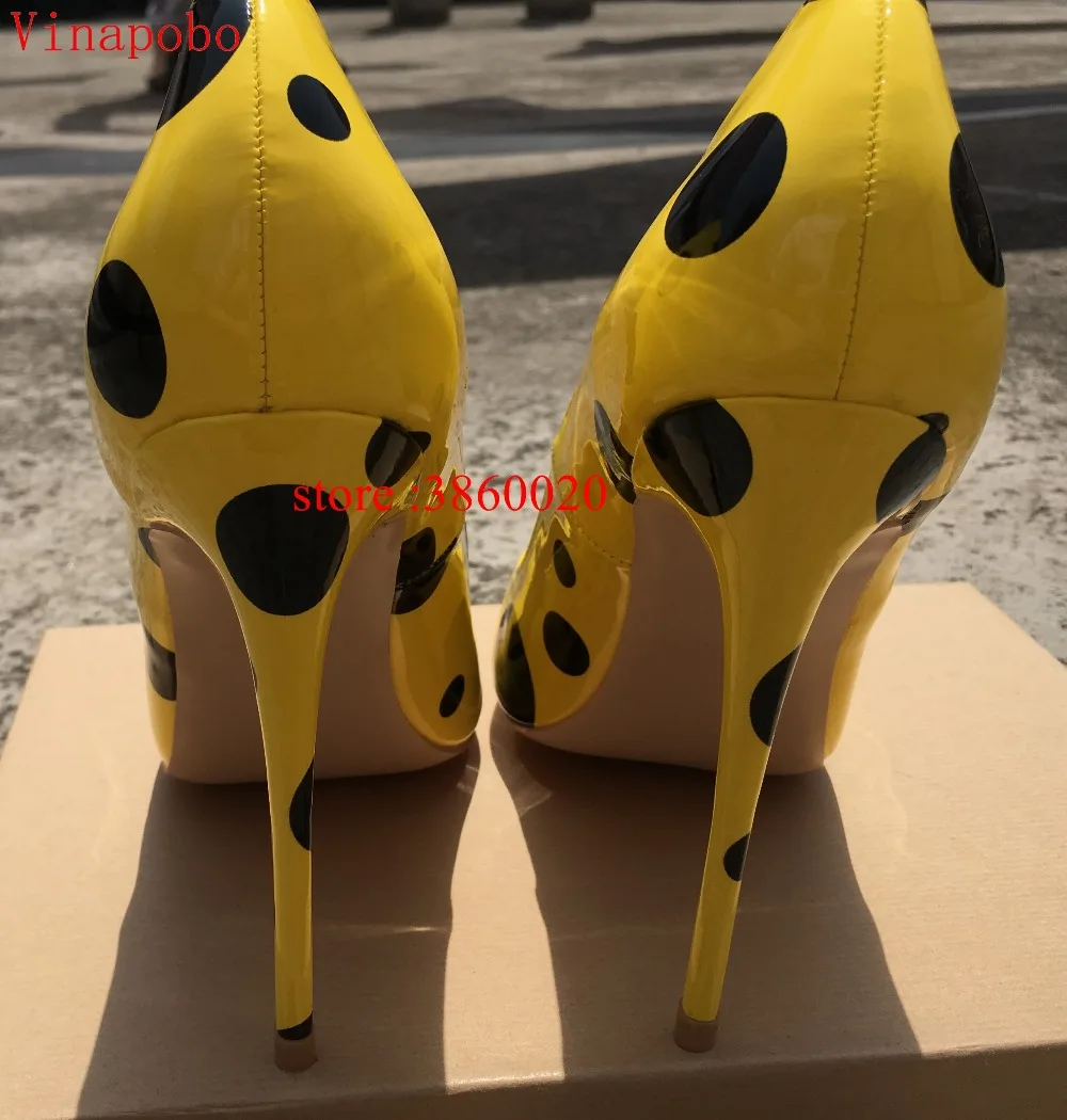 Vinapobo/желтая точка; женские туфли-лодочки с принтом; милые туфли на высоком каблуке-шпильке; офисные элегантные женские свадебные туфли без застежки с острым носком