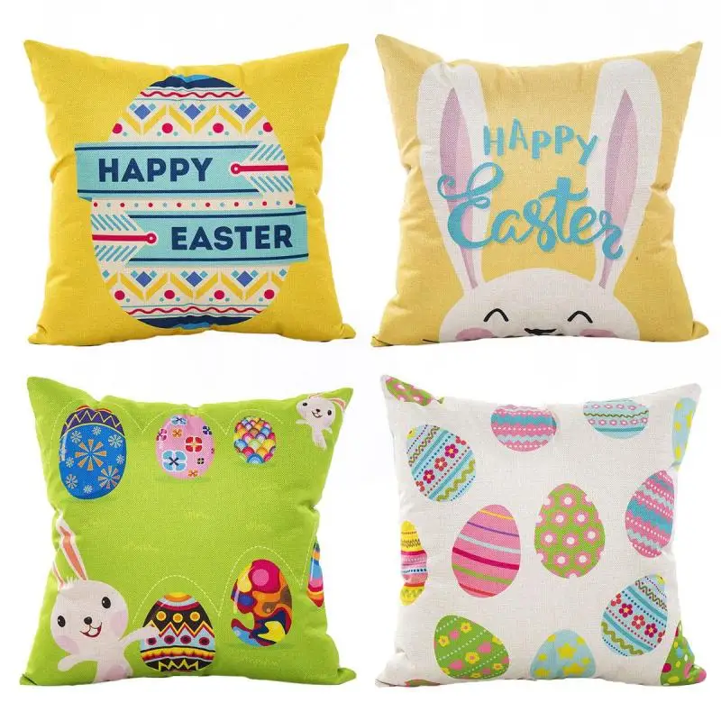 Happy Easter Cushion Cover Cotton Linen Decorative Square Throw