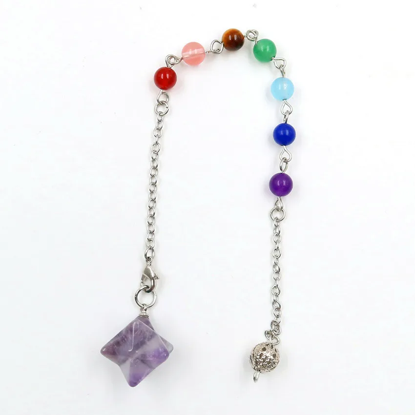 

FYJS Unique Silver Plated Merkaba Natural Amethysts Stone Pendant with Chakra Chain Jewelry