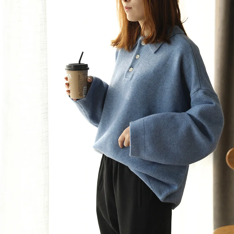 Johnature Women Pullover Sweaters Solid Color Knitted Cotton 2020 Spring Turn-down Collar Plus Size Cloths Soft | Женская одежда