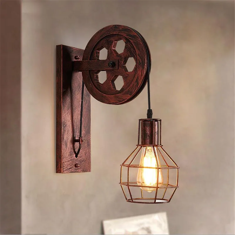 

Home Sconce Light Loft Retro Wall Lamp Lifting Pulley Wall Light Vintage Industrial Style Iron Lanterns Suspension Pendant Light