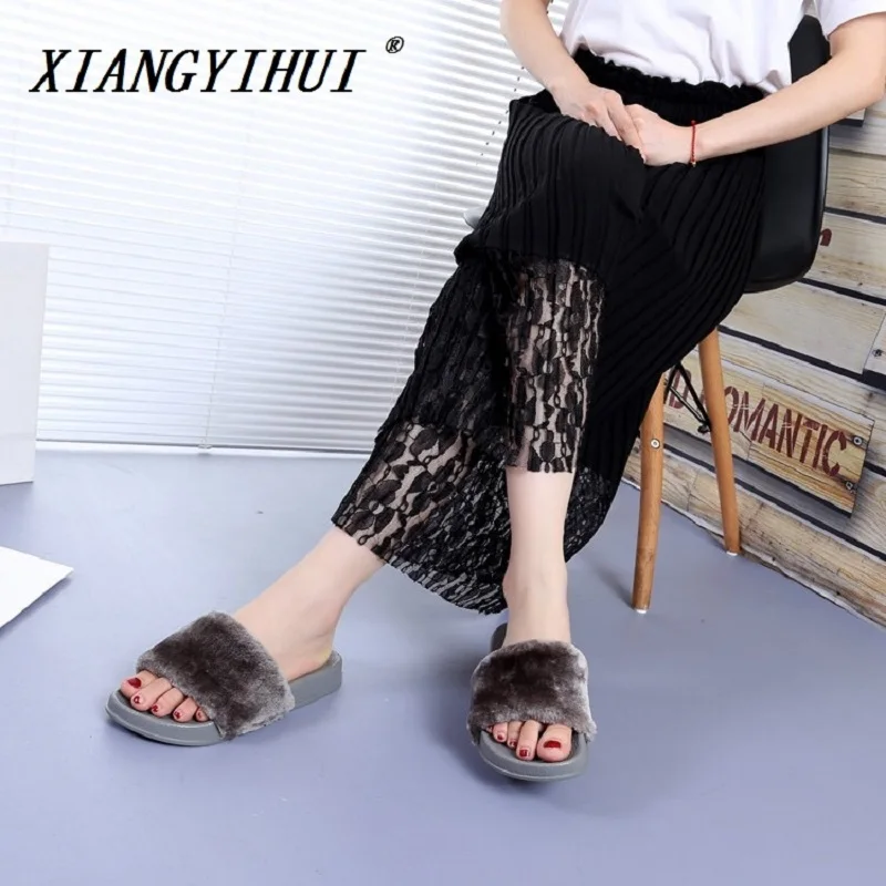 

2018 Outdoor Hot Women Slippers Fashion Spring Summer Plush Slippers Women Faux Fur Slides Flip Flops Flat Shoes