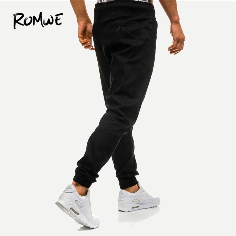 ROMWE Men Drawstring Waist Solid Pants Black Cozy Pockets Long Pants 2019 Spring Autumn Comfort Mid 4