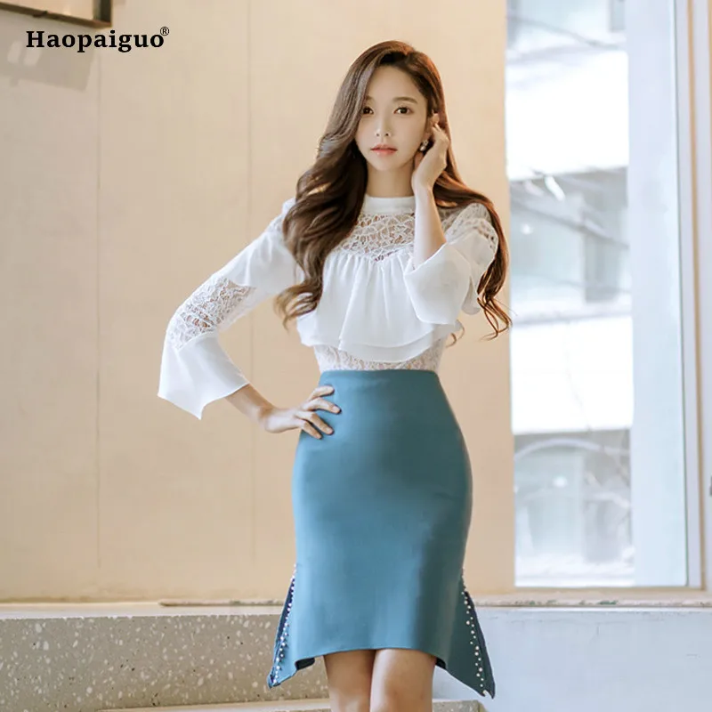 

Two Piece Set Women Summer White Full Flare Sleeve Stand Elegant Korean Lace Top and Blue Vintage Party Club Mini Ladies Skirt