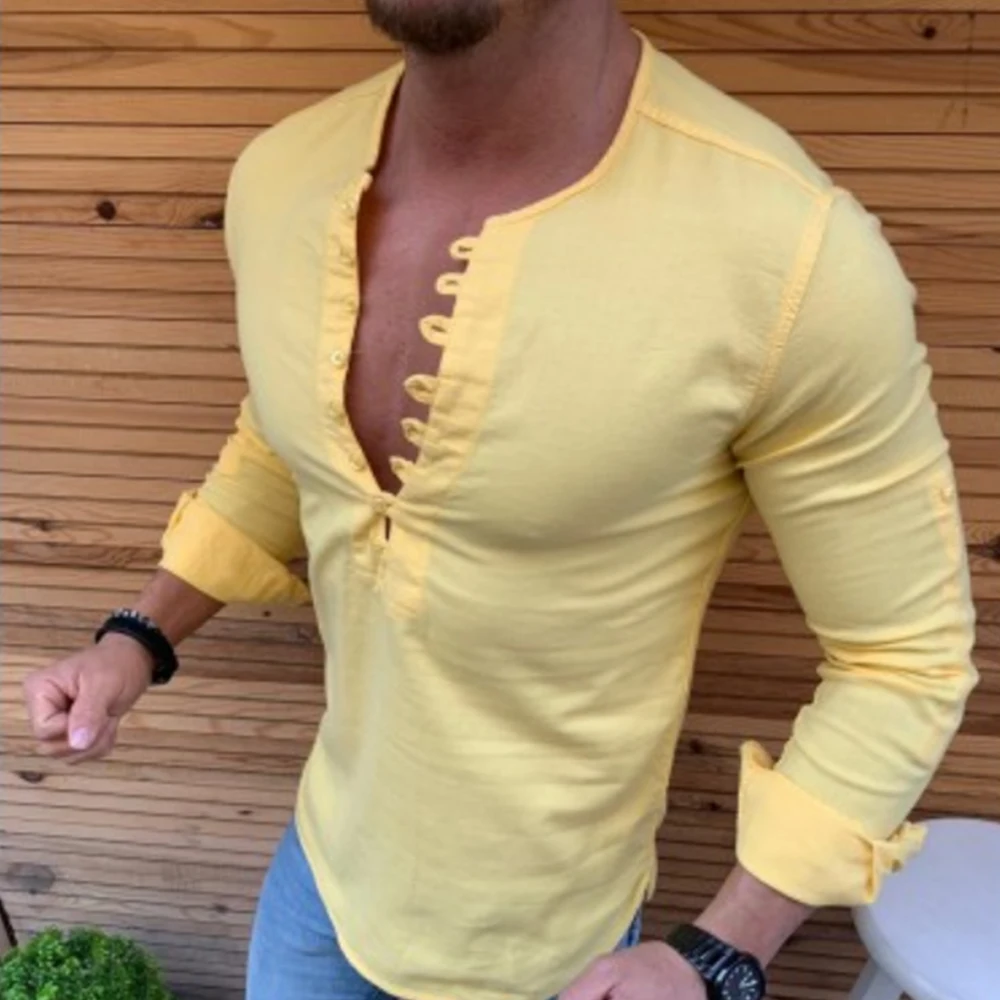 Rand, осенняя футболка с v-образным вырезом, мужские повседневные Топы И Футболки для фитнеса, винтажный пуловер с длинным рукавом, Homme размера плюс, облегающая футболка - Цвет: Цвет: желтый