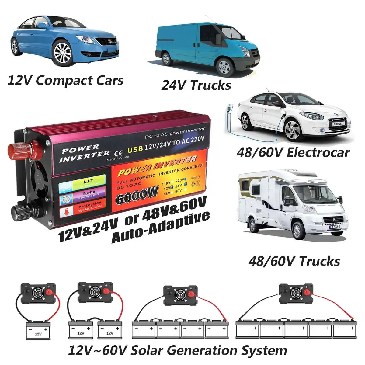 Autoleader 12V 220V 6000W солнечный инвертор трансформатор преобразователя Напряжения DC 12/24V 48/60V к AC 110/220V Авто инверсор для автомобиля