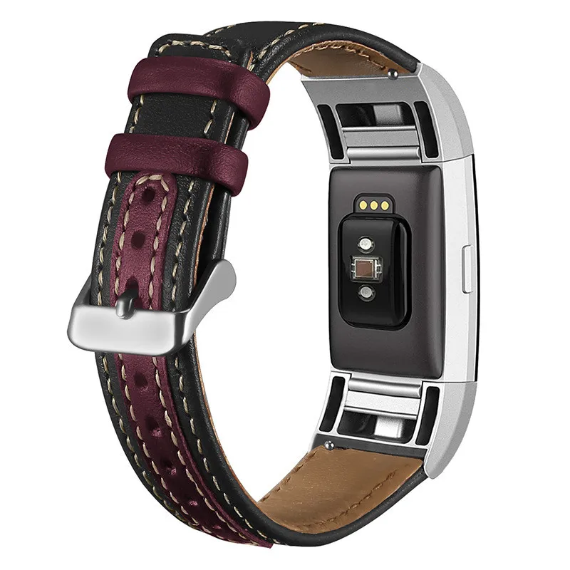 Replacement Bands Splicing Two-tone Genuine Leather for Fitbit Charge 2 Wristband Metal Connectors Fitness Strap Women Men Small Large 5 (10)
