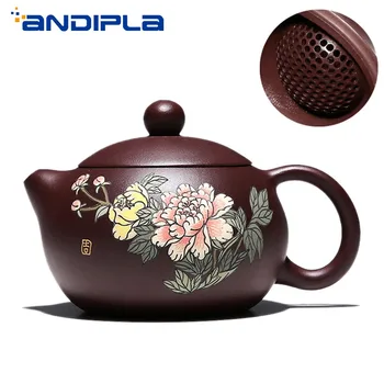 

210cc Authentic Yixing Teapot Tea maker Master Handmade Hand Painted Peony Xi Shi Pot Chinese Health Purple Clay Kung Fu Tea Set
