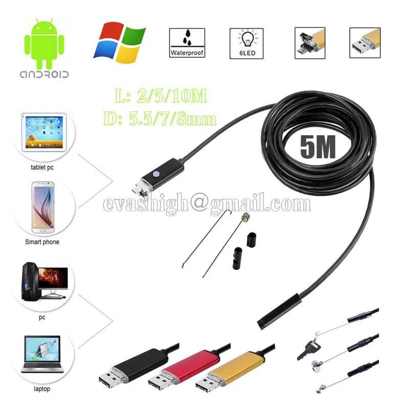 7mm 5m usb endoscope android medical endoscopy camera car endoscopia mini waterproof borescope flexible laparoscopic lens OTG