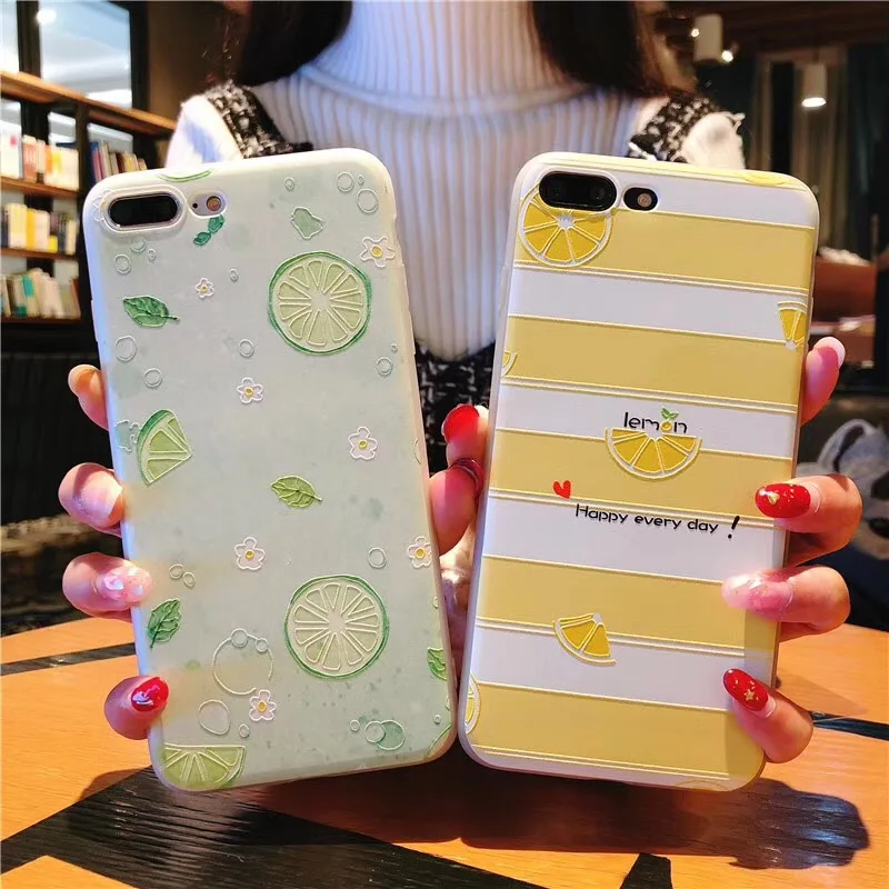 

3D Lemon Emboss Cases for iPhone 8 7 6 6S Plus 5 5S SE XS X Case Luxury Soft Silicone TPU Summer Lemon Streak Coque Girl
