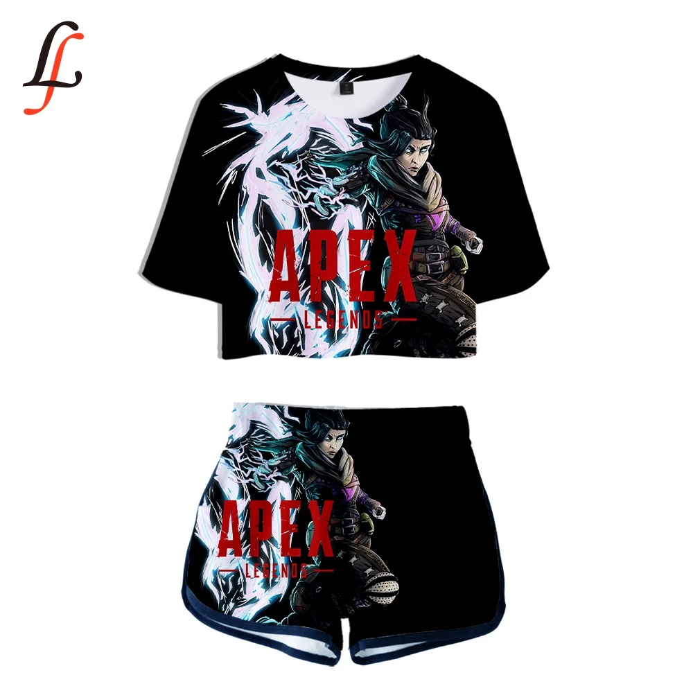 Apex legends 3D Sexy Two Piece Set short Sleeve short Tops And middle Waist Shorts Suits New Female Fitness combinaison femme