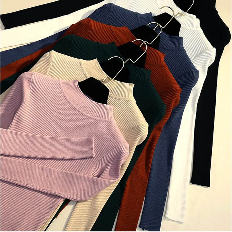 

Woman Knits Sweaters Shirts Turtleneck High Elasticity Pullover 2019 Casual Jumper Fashion Slim Turtleneck Womans Sweaters