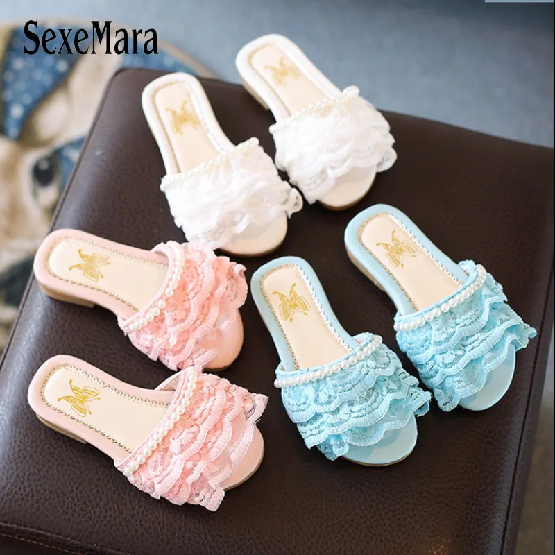 

2018 Pearl Lace Summer Princess Slippers Girls Home Shoes Blue/White/Pink Girl Slides Flats Children Slippers Indoor Home B06112