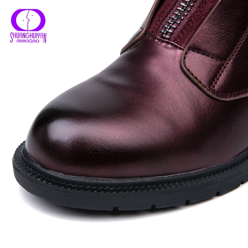 AIMEIGAO New Zipper Ankle Boots Women Soft PU Leather Boots Low Heel Short Plush Boots Front Zip Autumn Black Red Women Shoes Women's Shoes