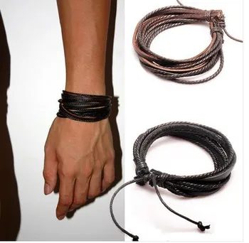 

Fashion strand Multilayer Genuine Leather Bracelet with Braided rope Fashion Jewelry Men Women