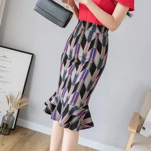 Летняя модная женская юбка офисная с высокой талией Повседневная облегающая формальная винтажная женская Юбка-миди с принтом русалки Большие размеры