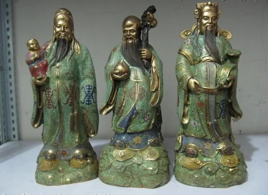 

003802 100% Pure Bronze cloisonne Three Longevity God Fu Lu Shou Buddha Statue Set