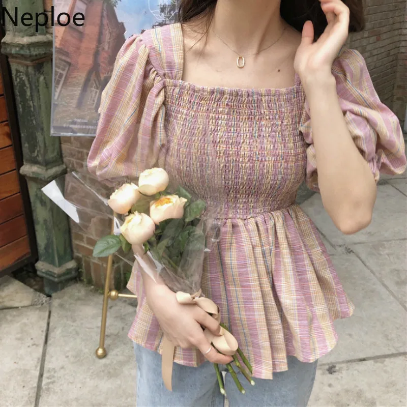 

Neploe Sweet Plaid Patchwork Women Blouse New Square Collar Puff Sleeve Blusa Summer 2019 Korean Slim Waist Ladies Tops 44369