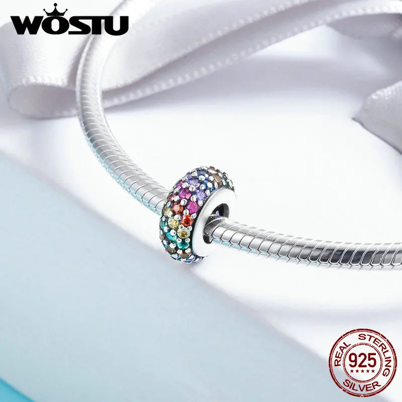 WOSTU Authentic 925 Sterling Silver Colorful Cubic Zircon Pave Rainbow Spacer Beads For Women Original Charm Bracelet DXC583