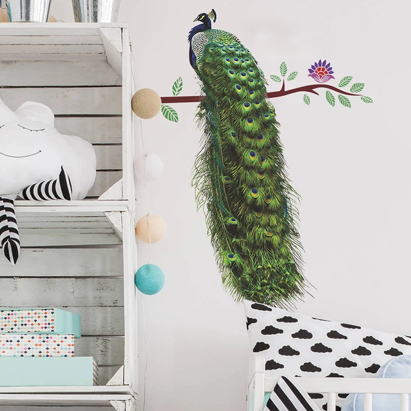 Colourful Animals Peacock On Branch Feathers Wall Stickers 3D Vivid Wall Decals Home Decor Art Decal Poster Animals Home Decor