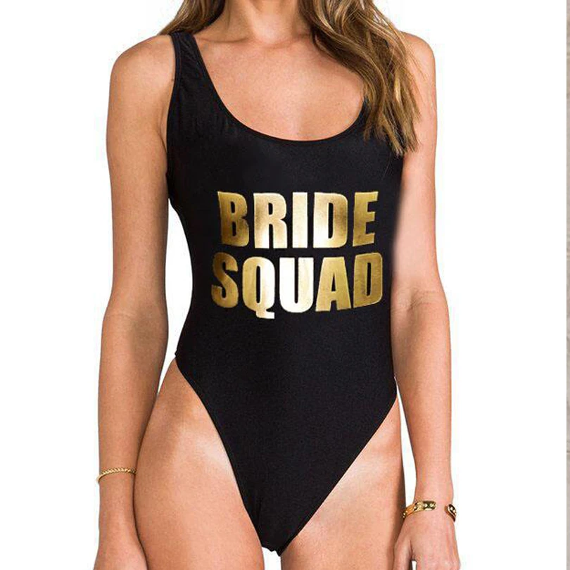 

2019 Sexy Letter Print One piece Plus Size Swimsuit Bride Squad High leg cut Swimwear Monokini Team Bride Bathing Suit bodysuit