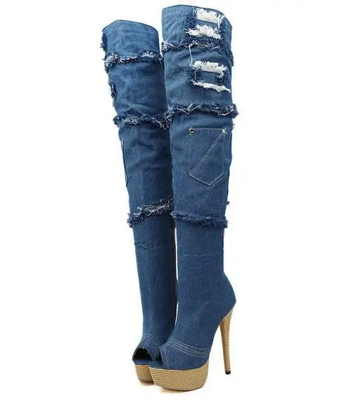 

Woman spring and fall denim platform thight boots Fashion peep toe super high thin heel over-the-knee long boots SIZE 34-44