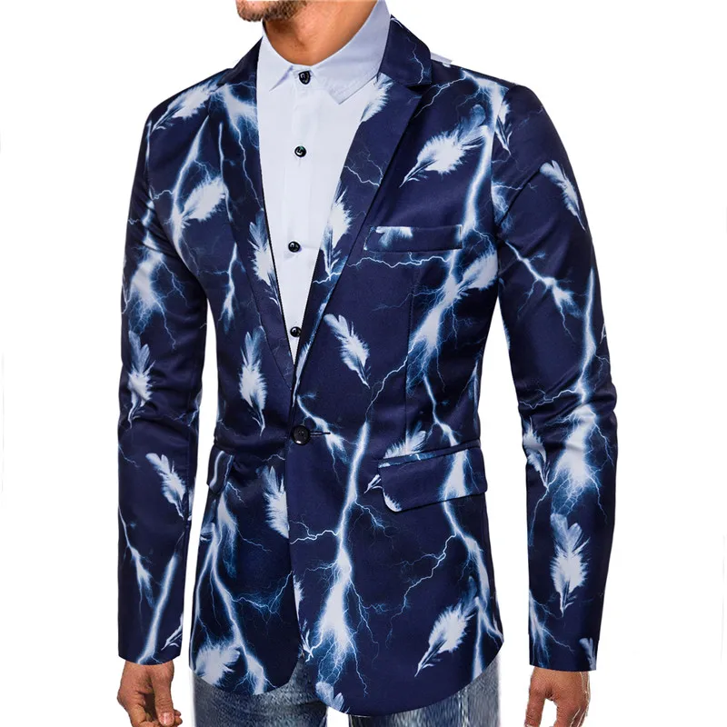 Мужские спортивные пиджаки умный повседневный костюм на одной пуговице с принтом молнии перо Блейзер Masculino мужские спортивные пиджаки мужские спортивные пиджаки