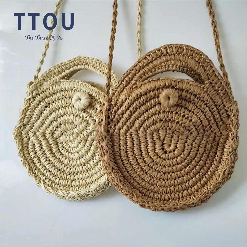 

TTOU Handmade Rattan Woven Round Lady's Handbag Straw Knit Summer Beach Bag Woman Shoulder Messenger Bag Khaki Beige Tote