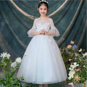 

Elegant White Color Girls Children Wedding Birthday Dress Ankle Length Kids Party Prom Dress Half Sleeve First Communion Dresses