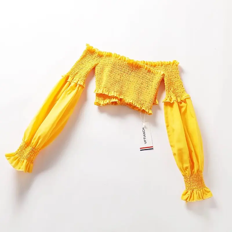

Holiday Wind Sexy Pleated Elastic Tube Top Ruffled Chiffon Short Women's Top Necklace Lantern Sleeve 2018 Summer