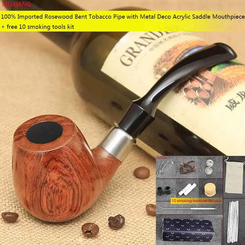 MUXIANG 10 Tools Kit kevazingo wood Tobacco Pipe Metal Ring Decor