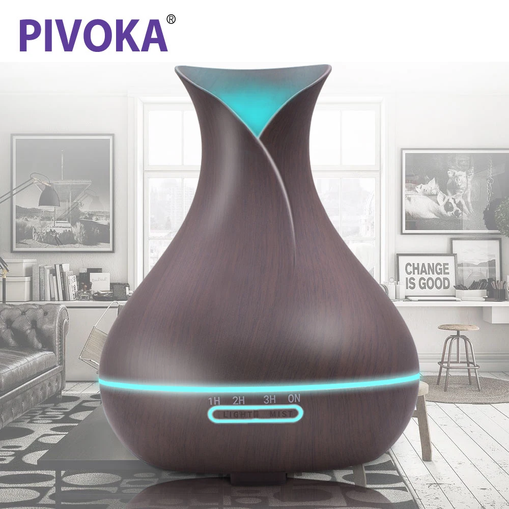 PIVOKA 400ml Aroma Essential Oil Diffuser Ultrasonic Air Humidifier With Wood Grain Electric LED Lights Aroma
