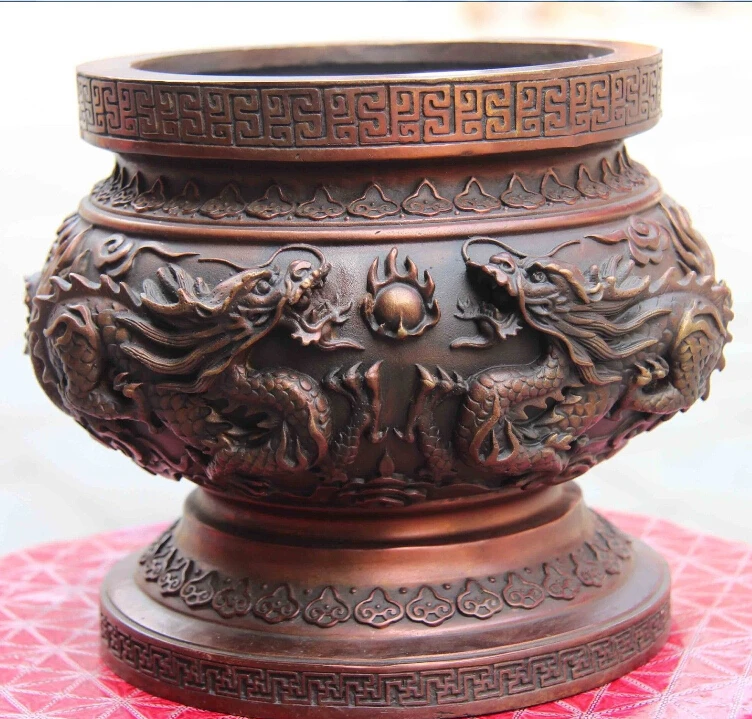 

Chinese Temple Pure Bronze Copper Six Dragon Bowl Basin Censer incense burner
