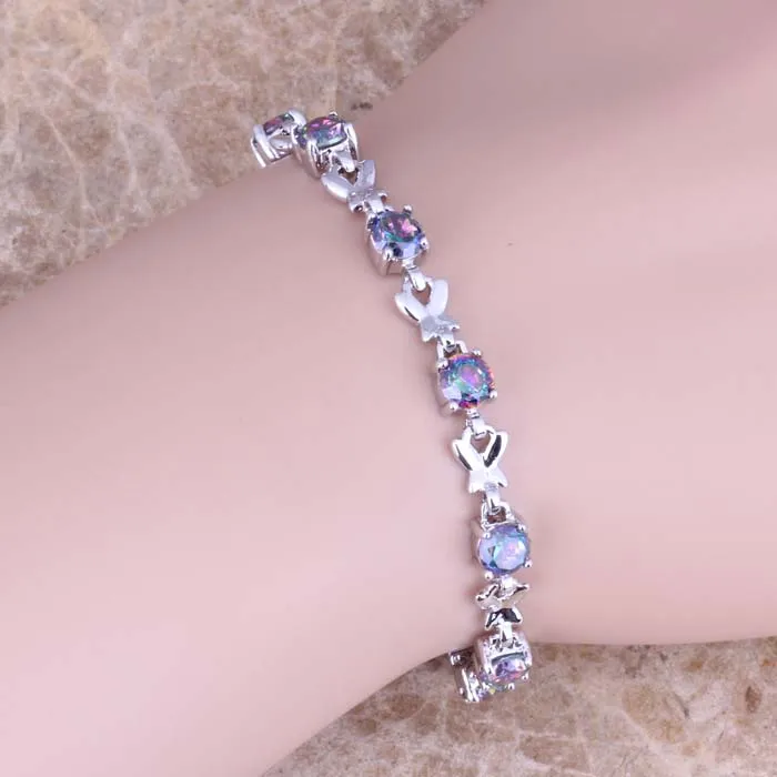 Чистый Радужный Кубический Цирконий 925 стерлингового серебра звено цепи браслет 6,5-7,5 дюймов S0484