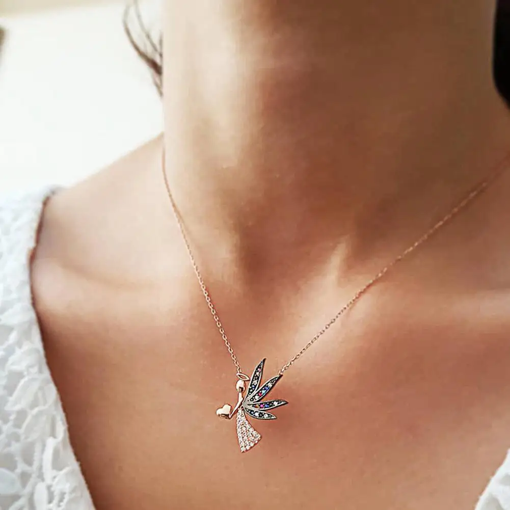 

Women Fashion Rhinestone Inlaid Angel Wings Pendant Chain Necklace Jewelry