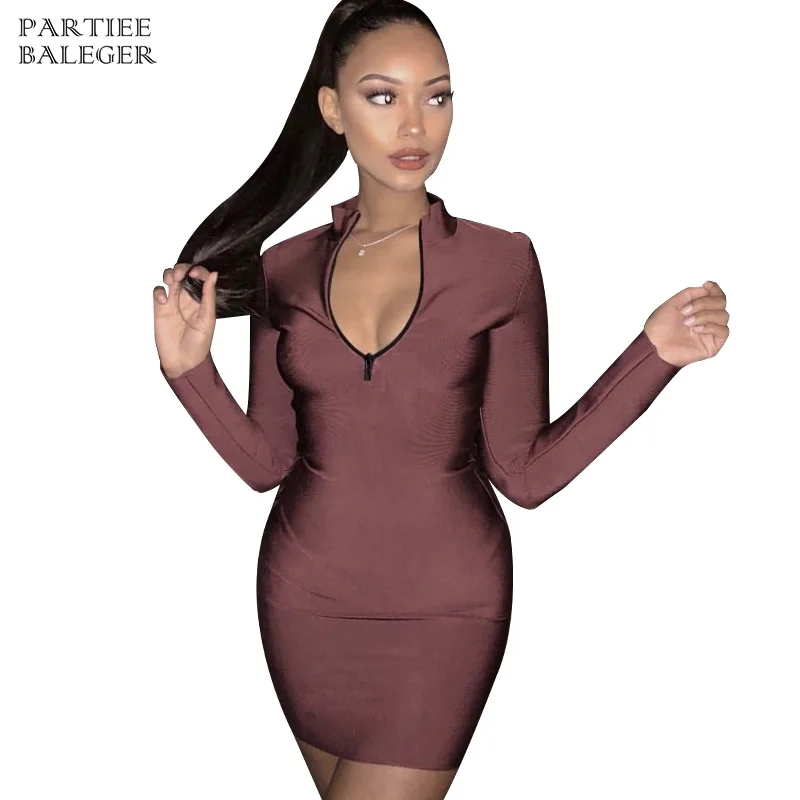 

2019 New Arrival Chic Brown Dress Long Sleeves Zipper Design Stand Collar Celebrity Party Club Bandage Mini Dress