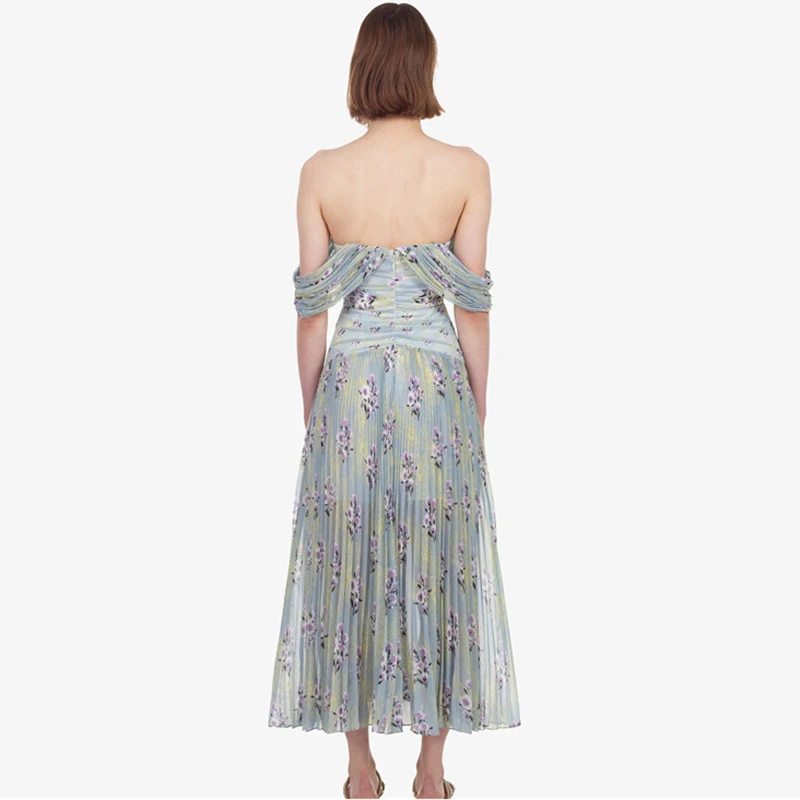 Новое Поступление Женское Платье с принтом с открытыми плечами сексуальное Плиссированное женское платье