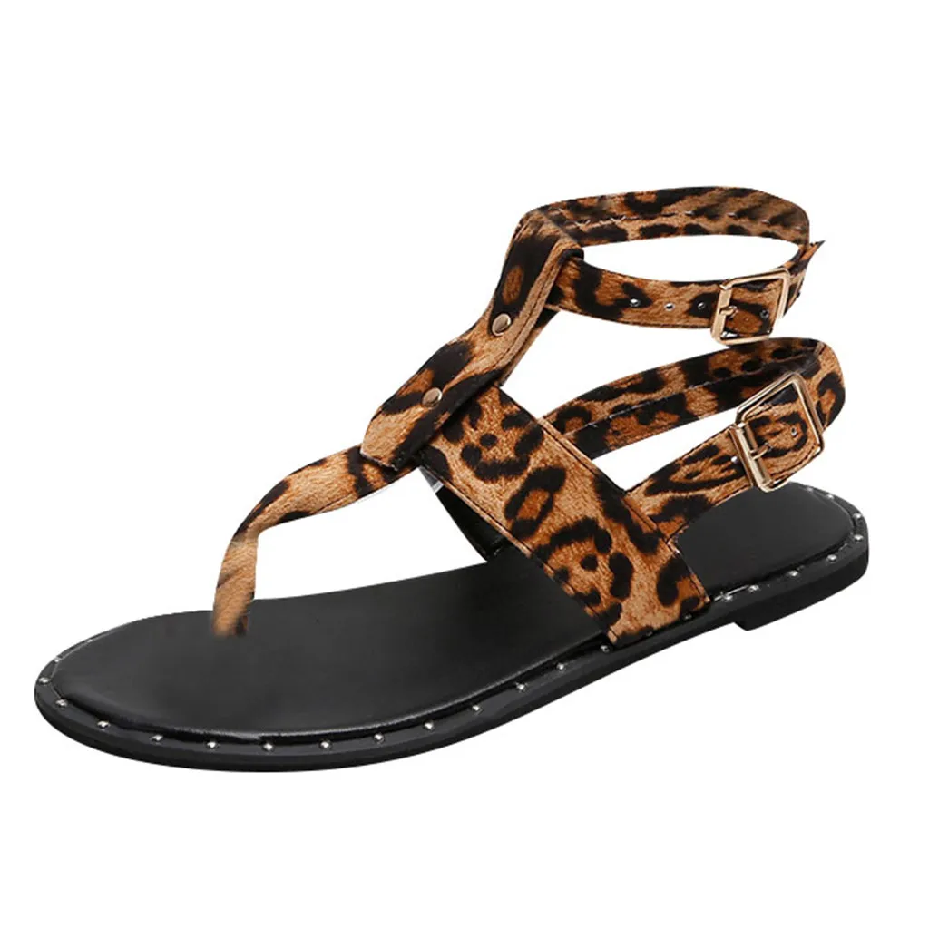 SAGACE Women's Clip-Toe Beach Shoes Summer Open Toe Leopard Ankle Buckle Roman Sandals Sexy High Quality Outsid Ladies Shoes - Цвет: YE