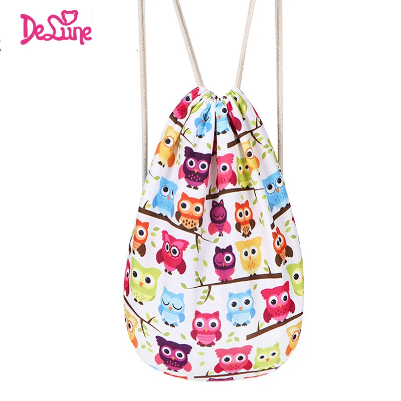 

Delune New Arrival Drawstring Bag Large Portable Soft Travel Backpack Cartoon Students Sorted Book Bag Soft Big Shoes Rope Bag