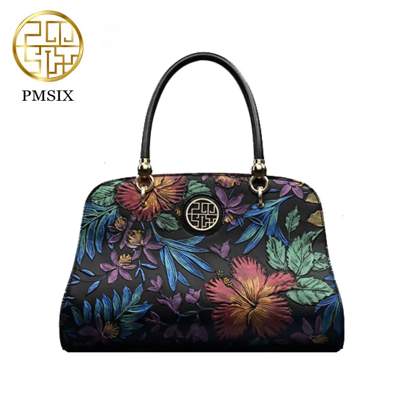 Retro women handbag Pmsix Chinese style autumn and winter leather bag shoulder bag black P110024