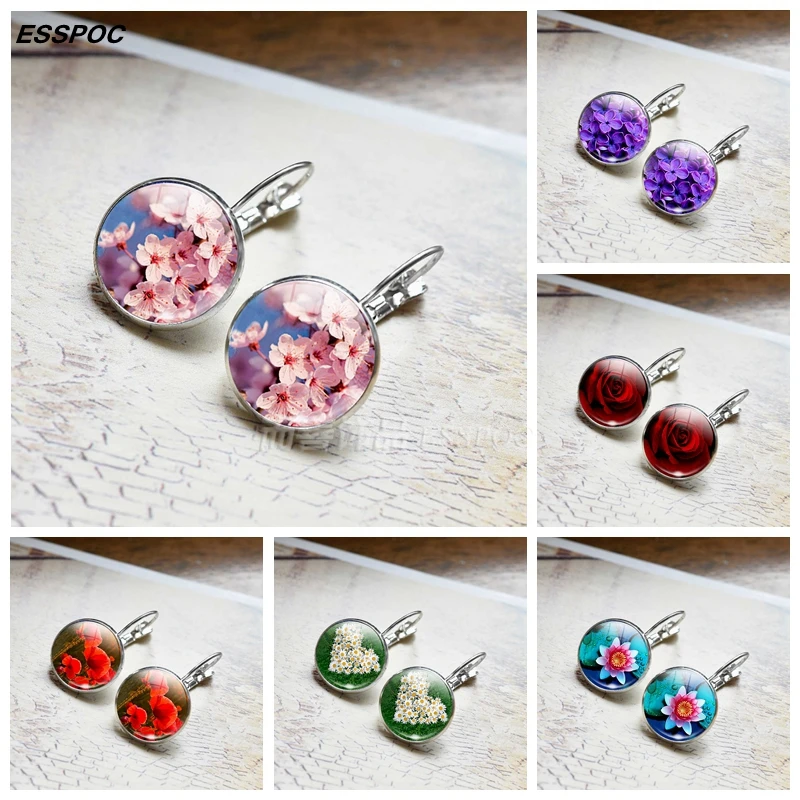 

Sakura Hoop Earrings Flowers Glass Cabochon Silver Plated Hook Earrings Poppy Daisy Rose Jewelry Fashion Earrings for Women