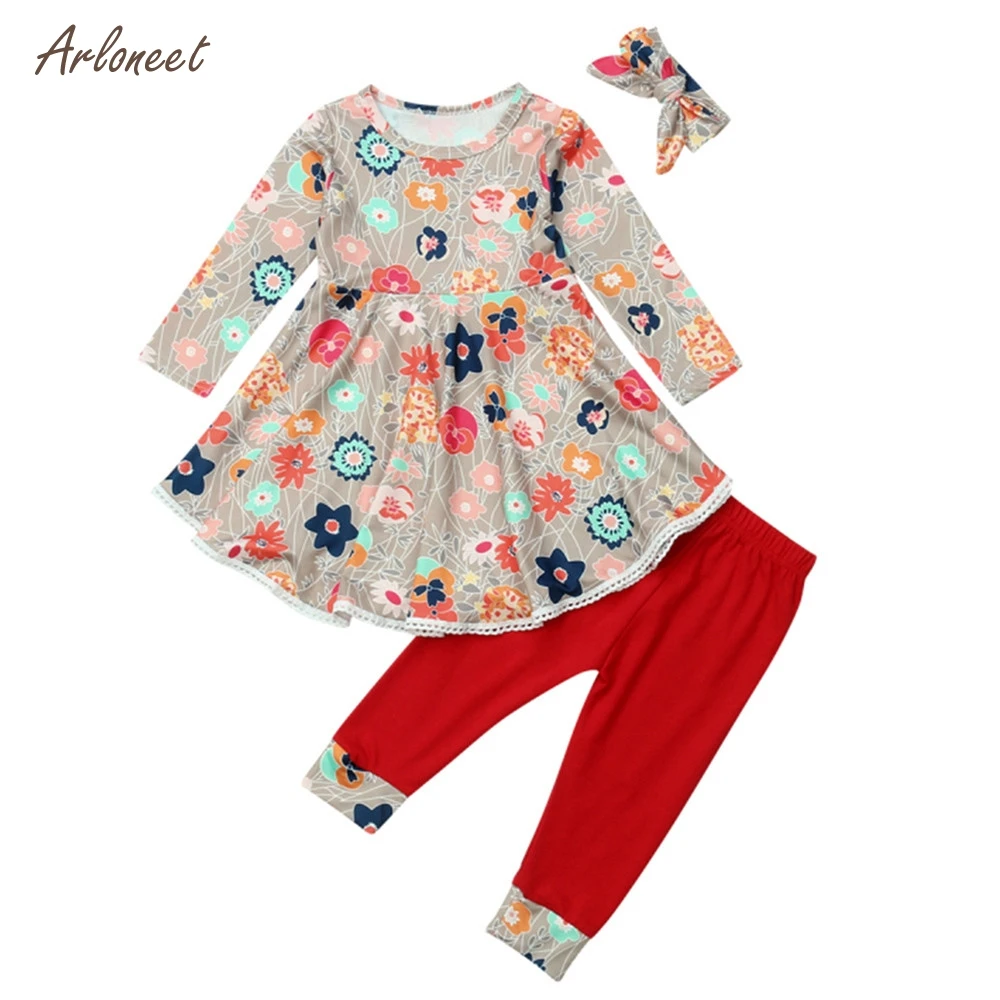 

ARLONEET baby girl sets clothing winter O-neck Long Sleeve Floral Dress Tuxedo Skirt + Pants + Hair Strap little girl 2018