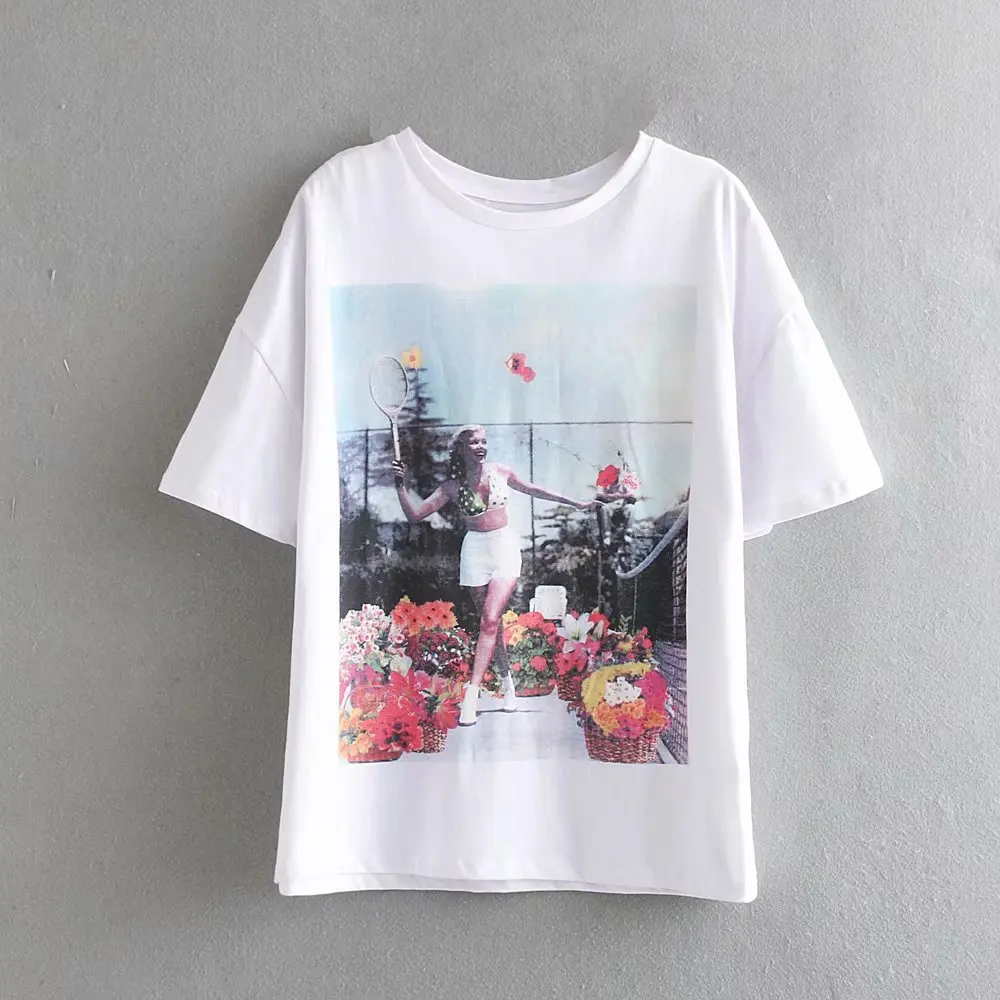 

New Women fashion basic o neck short sleeve flower girls print casual slim white T-shirt female leisure T shirt retro tops T218