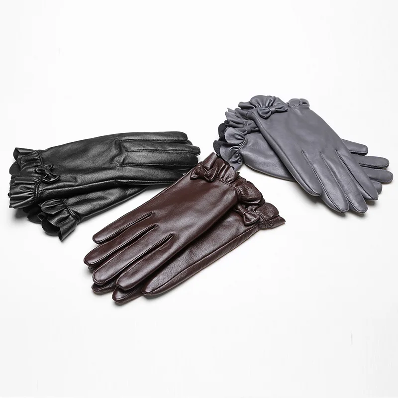 Genuine Leather Women Gloves Autumn Winter Plush Lined Keep Warm Wrist Flounced High Quality Goatskin Female Mittens ZX72