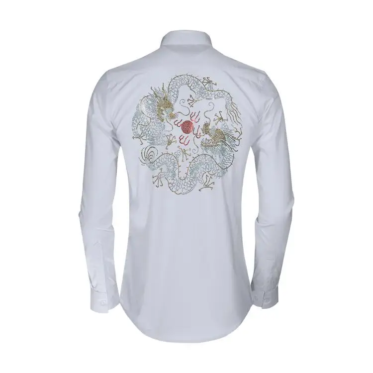Новое поступление мужские рубашки Роскошные чешские Хрустальные Алмазы Огненный Дракон с длинным рукавом мужские рубашки плюс размер 4xl тонкие мужские рубашки - Цвет: WHITE