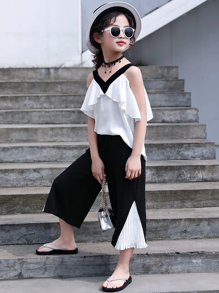 

Kids Clothing Sets 2019 Summer Girls Chiffon Slothes Suits V-Neck Shirt+Floral Pants 2 Pcs Child Outfits for Girls 4- Y13 Year